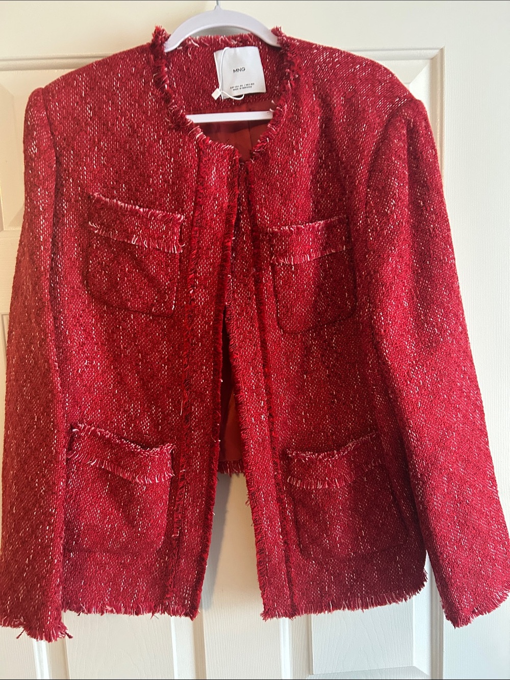 Mango Red Tweed Fringe-Trim Open Jacket